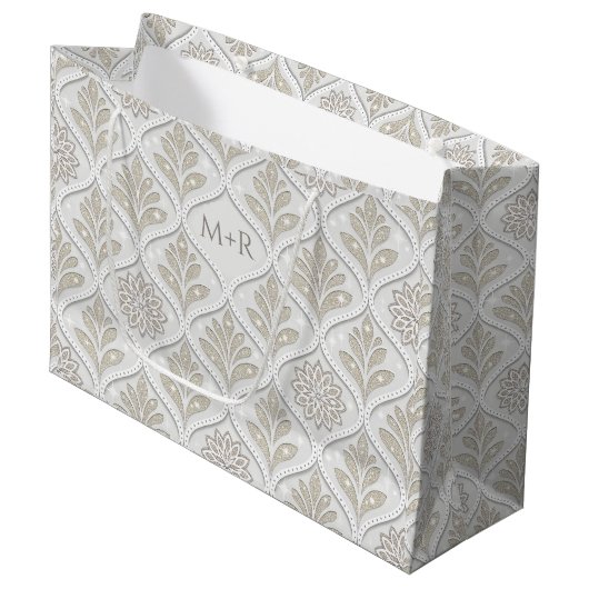 Beige & White Sparkling Quatrefoil Pattern Große Geschenktüte (Vorderseite Schrägansicht)