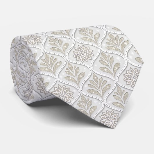 Beige & White Sparkling Quatrefoil Pattern Krawatte (Gerollt)
