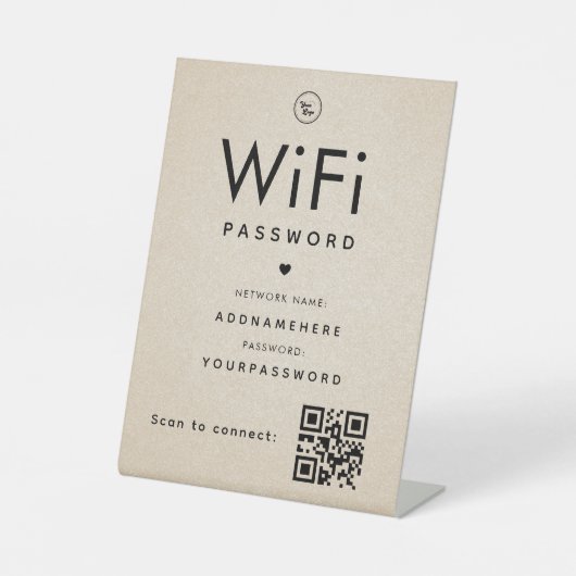 Beige WiFi Password Code Business Logo QR Code Sockelschild (Vorderseite)