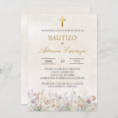 Beige Wild Blume Spanische Taufe Einladung (Vorne/Hinten)