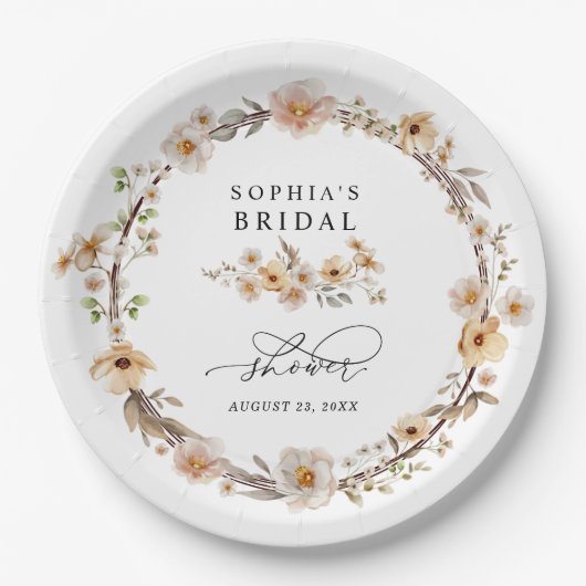 Beige Wild Flowers Bridal Shower Pappteller (Vorderseite)