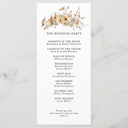 Beige Wild Flowers Hochzeit Programm (Rückseite)