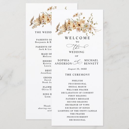 Beige Wild Flowers Wedding Programm (Vorne/Hinten)