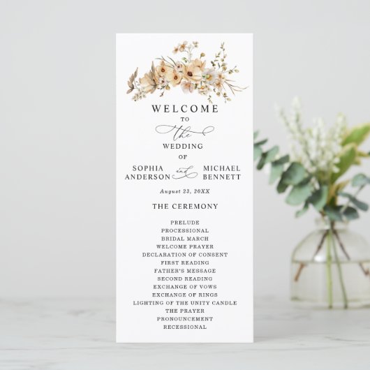 Beige Wild Flowers Wedding Programm (Stehend Vorderseite)