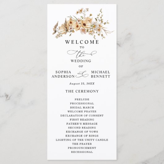 Beige Wild Flowers Wedding Programm (Vorderseite)