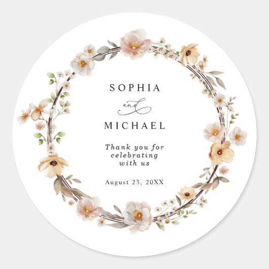 Beige Wild Flowers Wedding Runder Aufkleber (Vorderseite)