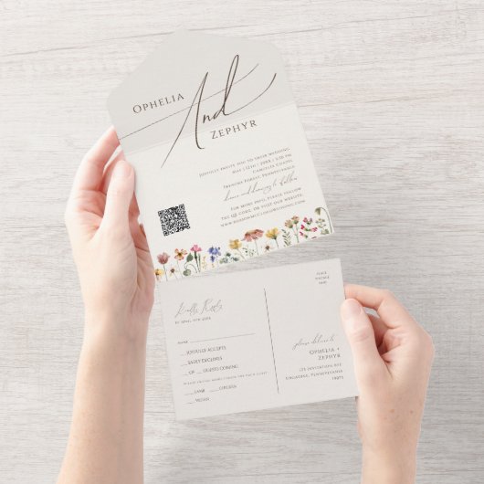 Beige Wildblume | Lässiges QR-Code-Siegel und Send All In One Einladung (Abreißen)