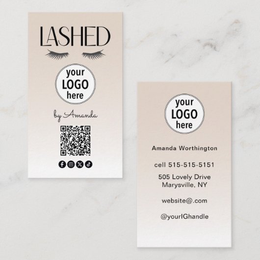Beige Wimpern Minimalist QR-Code Social Visitenkarte (Vorne/Hinten)