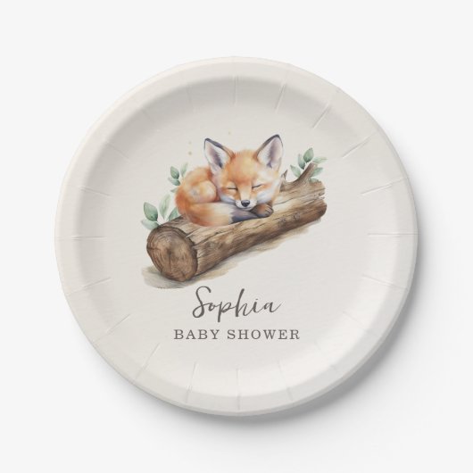 Beige Woodland Fox Baby Shower Paper Plate Pappteller (Vorderseite)