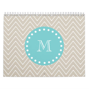 Beige Zickzack aquamarines Monogramm des Muster- Kalender