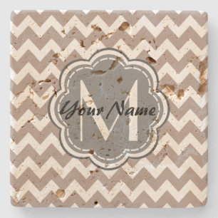 Beige Zickzack, graue Monogramm, Personalisierter Steinuntersetzer