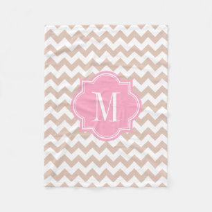 Beige Zickzack mit rosa Monogramm Fleecedecke
