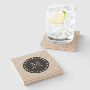 Beige Zickzack schwarzes Monogramm des Muster-  Steinuntersetzer