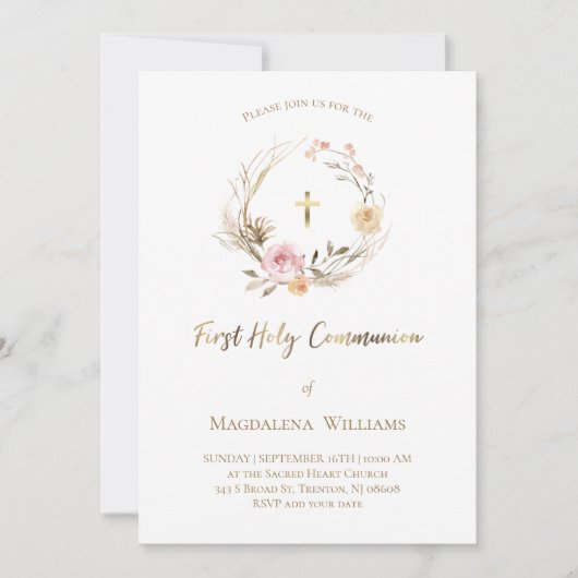 beigefarbene Blume | Erste Heilige Kommune Einladung (Vorderseite)