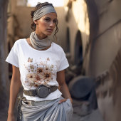 Beigefarbene Blume und Schmetterling-T - Shirt