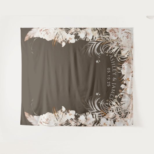 Beiger botanischer Blumengarten Hochzeitskulisse Wandteppich (Vorderseite (Horizontal))