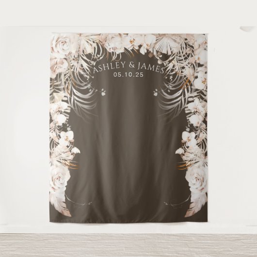 Beiger botanischer Blumengarten Hochzeitskulisse Wandteppich (Vorderseite)