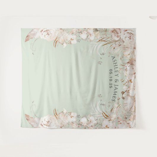 Beiger botanischer Blumengarten Hochzeitskulisse Wandteppich (Vorderseite (Horizontal))