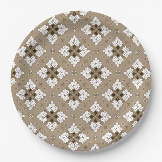 Beiger ethnischer Damast Batik nahtloses Muster Pappteller (Vorderseite)
