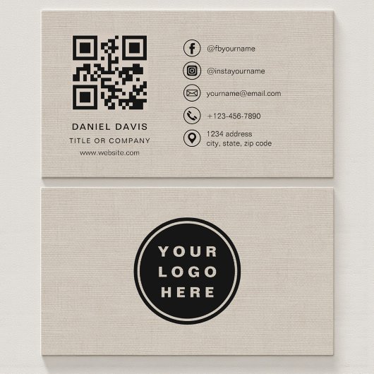 Beiger Leinen Firmenlogo QR-Code Visitenkarte
