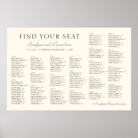 Beiger minimaler alphabetischer Hochzeitssitzplan Poster (Vorne)