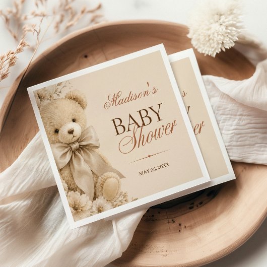 Beiger neutraler Teddybär-Blumenmuster Serviette