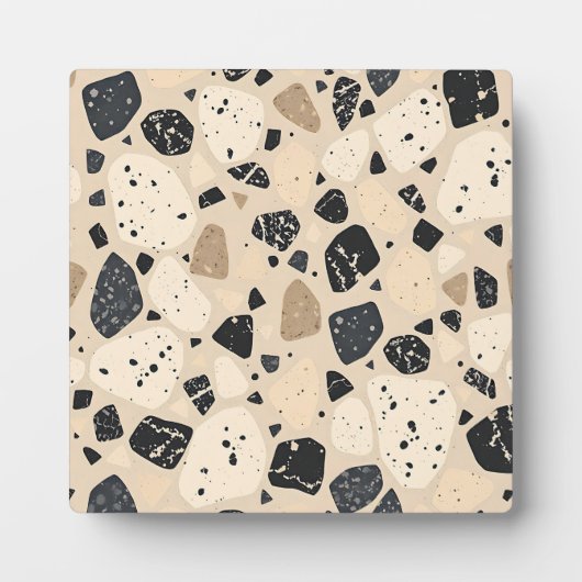 Beiger schwarzer Terrazzo-Muster neutrales Abstrac Fotoplatte (Vorderseite)