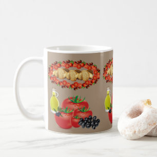Beiges Brot, Olivenöl, Oliven, Tomaten-Mug Kaffeetasse