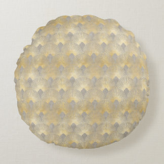Beiges Gold, Fächer-Muster, Art Deco, vintage Must Rundes Kissen