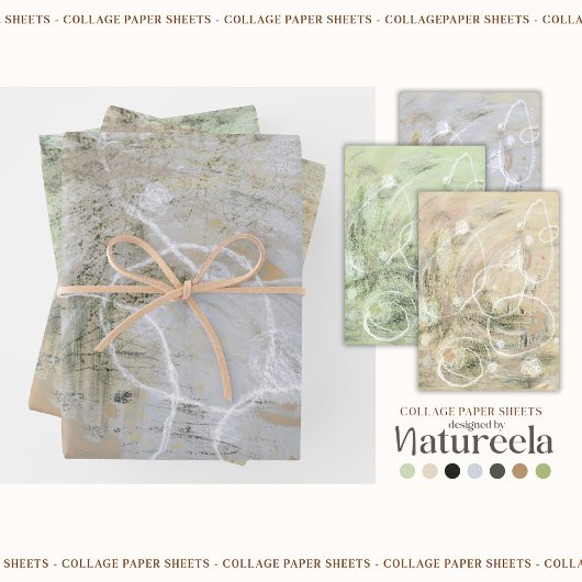Beiges Grün Graues Abstrakte Collage Geschenkpapier Set