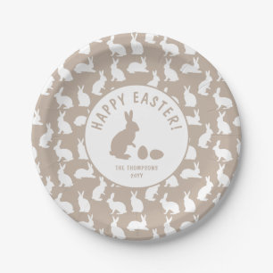 Beiges und weißes Hasenmuster Frohe Ostern Pappteller