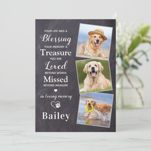 Beileid 3 Foto Personalisierter Hundeplan Dankeskarte (Stehend Vorderseite)