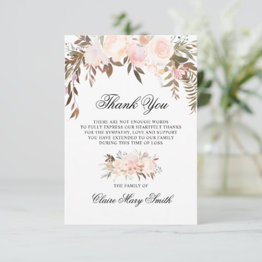 Beileid Beerdigung DANK IHNEN Aquarell Blumenrosa Dankeskarte (Stehend Vorderseite)