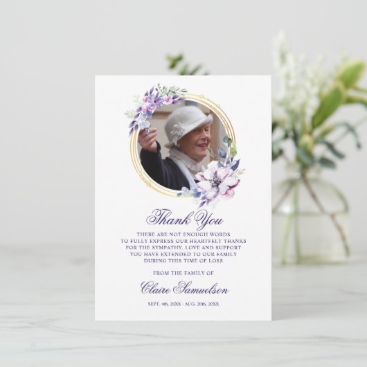 Beileid Beerdigung DANK IHNEN Aquarellfarbenes FOT Dankeskarte (Stehend Vorderseite)