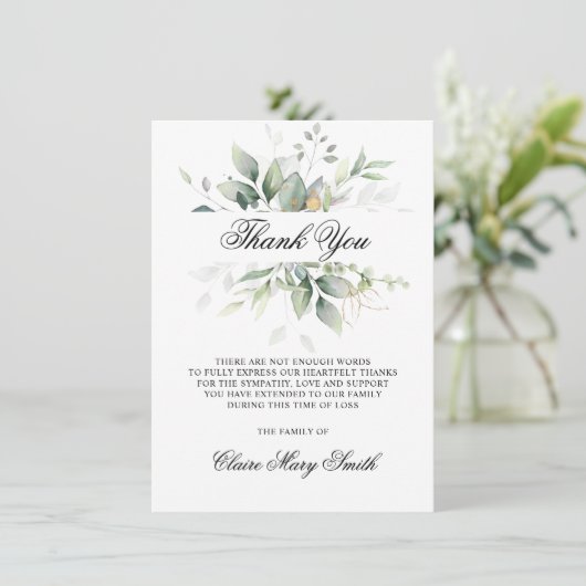 Beileid Beerdigung DANK IHNEN Aquarellgrüne Dankeskarte (Stehend Vorderseite)