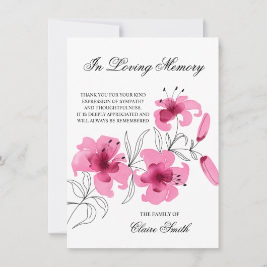 Beileid Beerdigung DANK IHNEN Lily Floral FOTO Dankeskarte (Vorderseite)