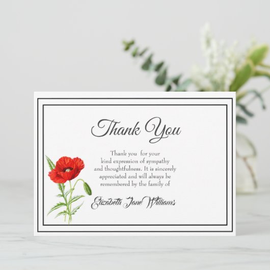 Beileid Beerdigung Vielen Dank Note Card | Mohn Dankeskarte (Stehend Vorderseite)