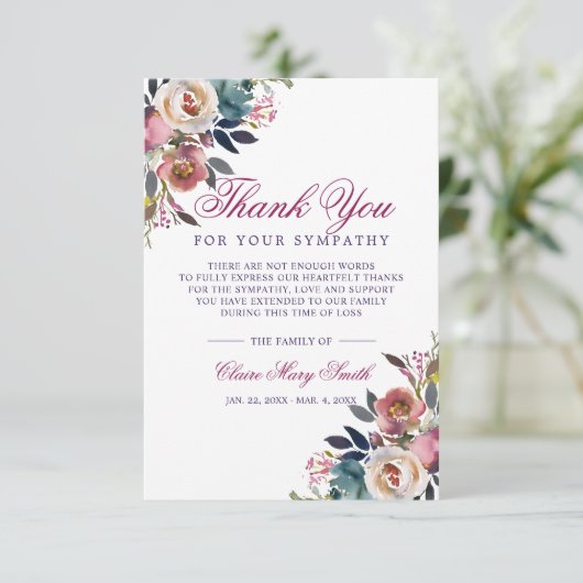 Beileid Bereavement Burgund Blumenbeerdigung Dankeskarte (Stehend Vorderseite)