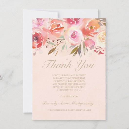 Beileid Bloral Blush Wasserfarbe Rose Vielen Dank Dankeskarte (Vorderseite)