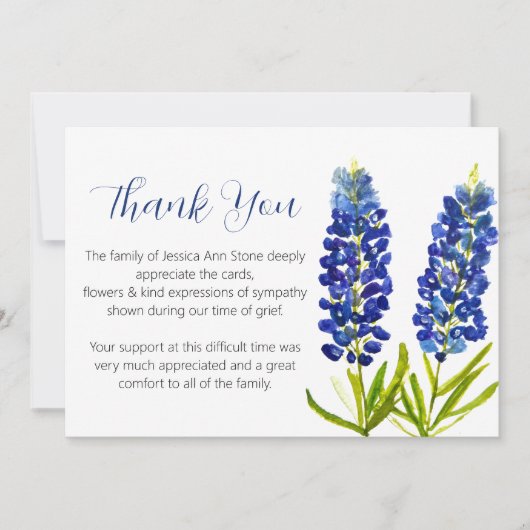 Beileid Bluebonnets Beerdigung Tod Vielen Dank Einladung (Vorderseite)