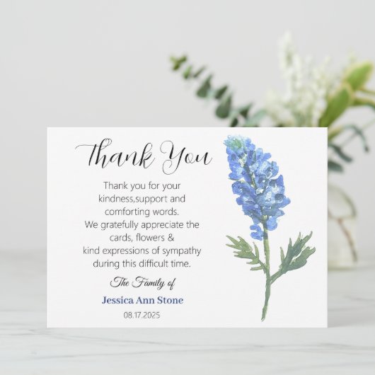 Beileid Bluebonnets Beerdigung Tod Vielen Dank Einladung (Stehend Vorderseite)