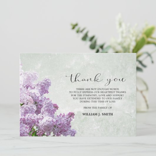 Beileid Blume Lilacs DANK YOU Gray Dankeskarte (Stehend Vorderseite)