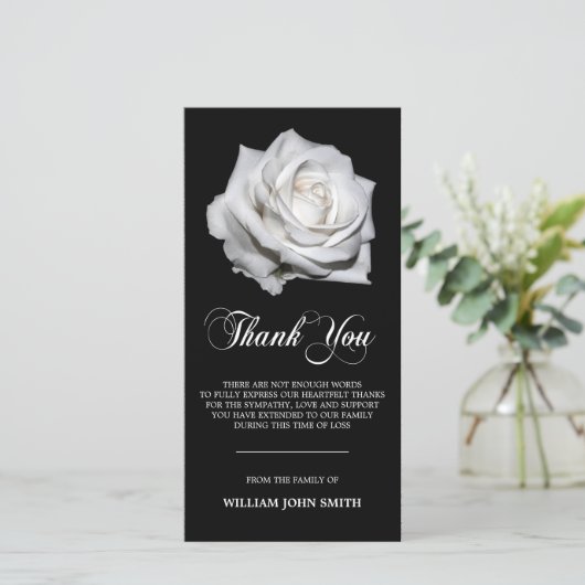 Beileid Blume White Rose DANK DIR Schwarz | FOTO Dankeskarte (Stehend Vorderseite)