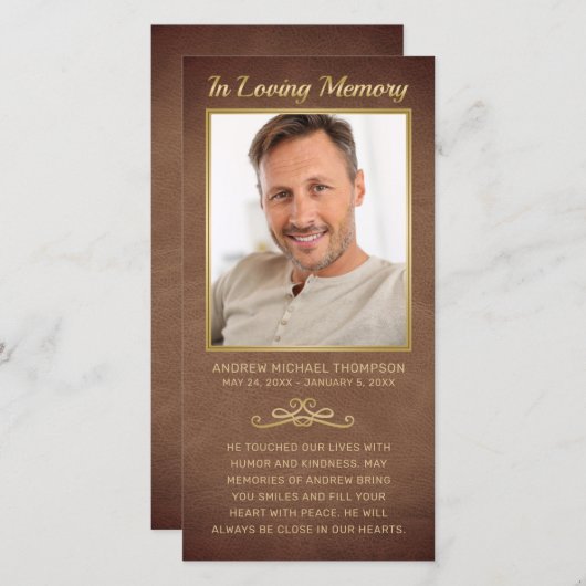 Beileid Brown Leather Gold Frame Foto Beerdigung (Vorne/Hinten)