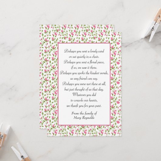 Beileid Danke, Pink Roses Karte (Vorderseite/Rückseite Beispiel)