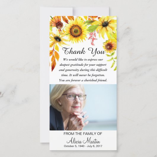 Beileid danken Ihnen Erinnerungsblumensonnenblumen Dankeskarte (Vorderseite)
