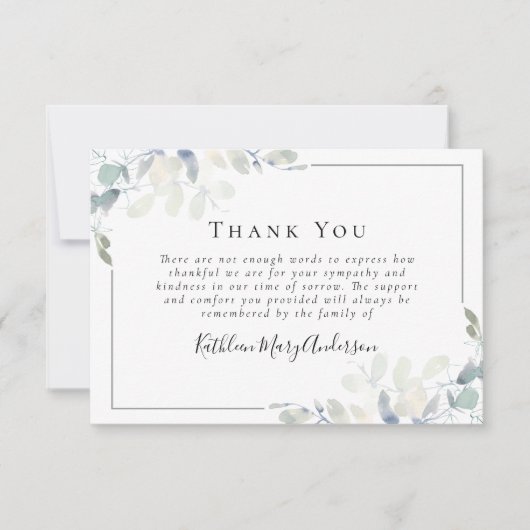 Beileid Eucalyptus Funerary Danke Mitteilungskarte (Vorderseite)