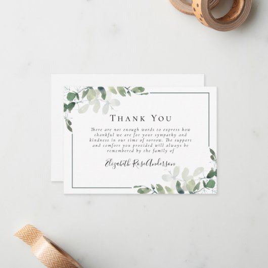 Beileid Eucalyptus Funerary Danke Mitteilungskarte (Vorderseite/Rückseite Beispiel)