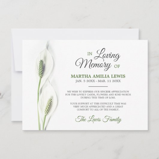 Beileid Funeral Calla Lily Blume Danke (Vorderseite)
