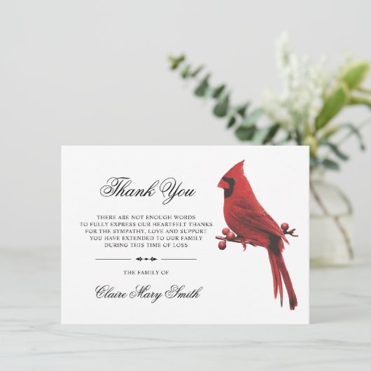 Beileid Funeral DANK IHNEN Kardinal Bird Dankeskarte (Stehend Vorderseite)